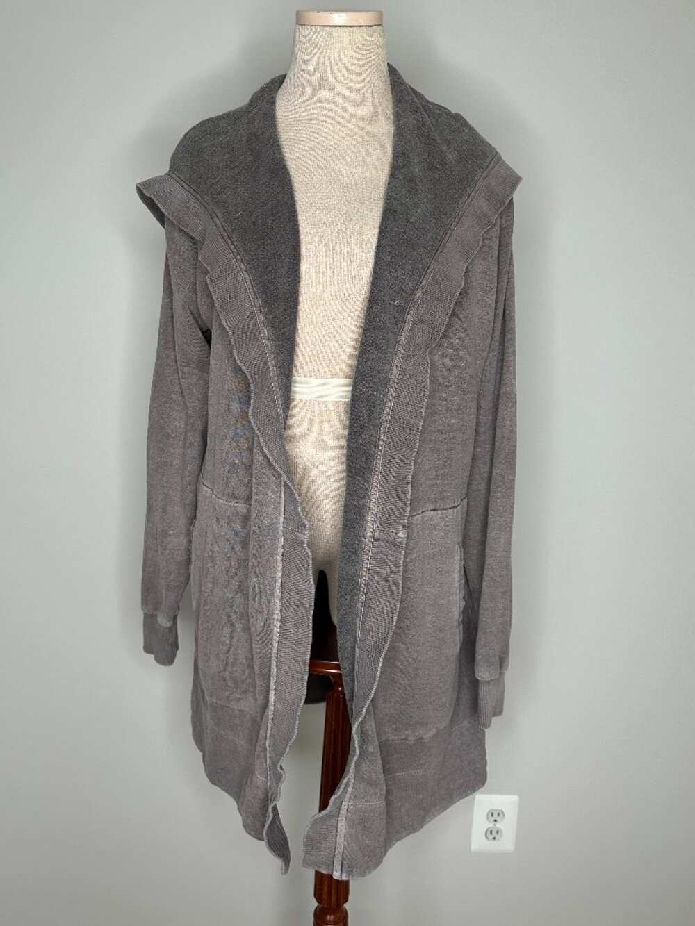 Toad&Co Hooded Distress Gray Long Sweatshirt Cardigan Pockets Size Medium